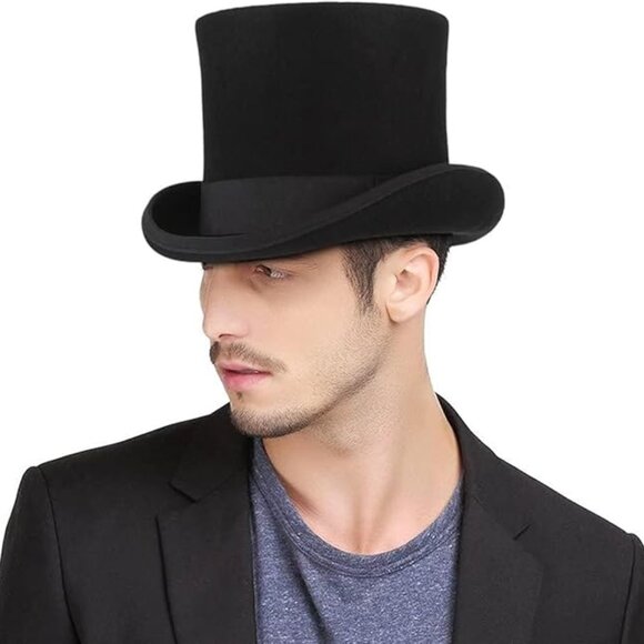 GEMVIE Men Handmade Mad Hatter Satin Lined Black 55cm Topper Hat - Picture 1 of 13